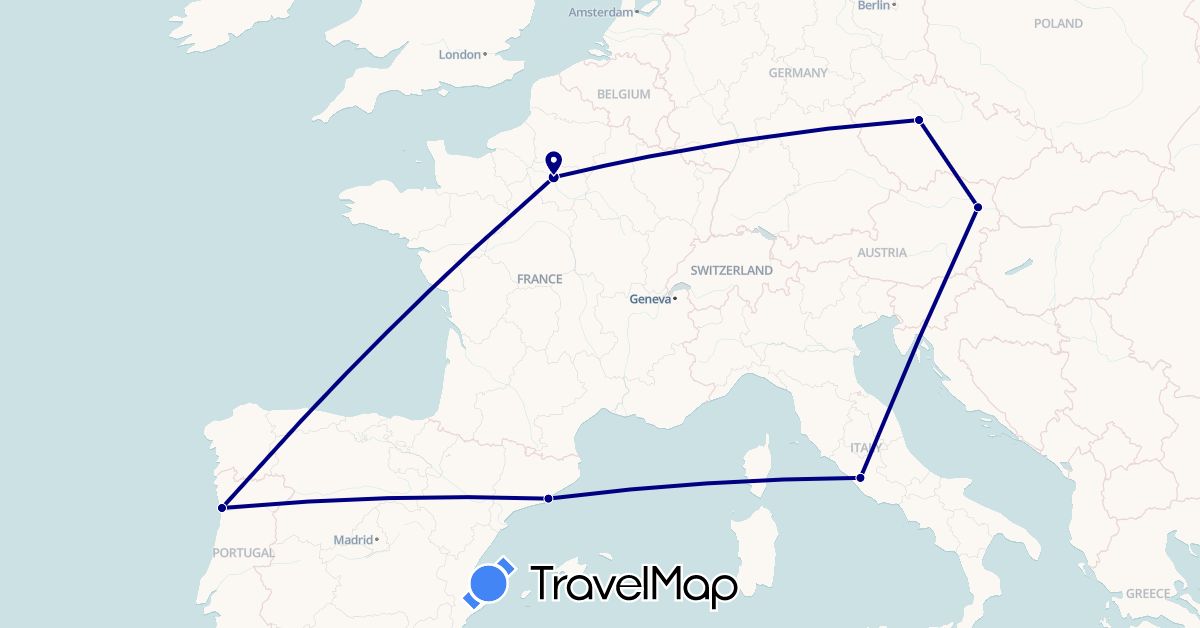 TravelMap itinerary: driving in Austria, Czech Republic, Spain, France, Italy, Portugal (Europe)